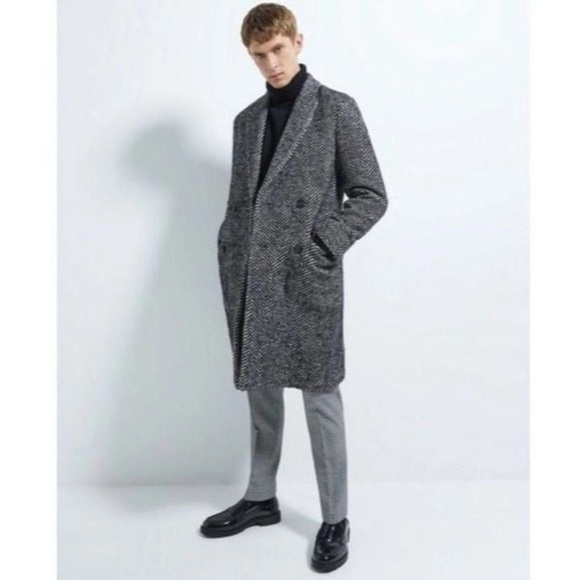 ZARA Man Sport MODA Gray Wool Double Breasted Pea coat Coat size L fits Medium - Picture 1 of 16